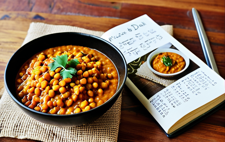 **Image Prompt:** A beautifully styled, colorful vegan meal (perhaps Indian lentil dahl or a tempeh dish) presented on a wooden table with a handwritten vegan food diary open beside it. Focus on natural light and inviting textures.