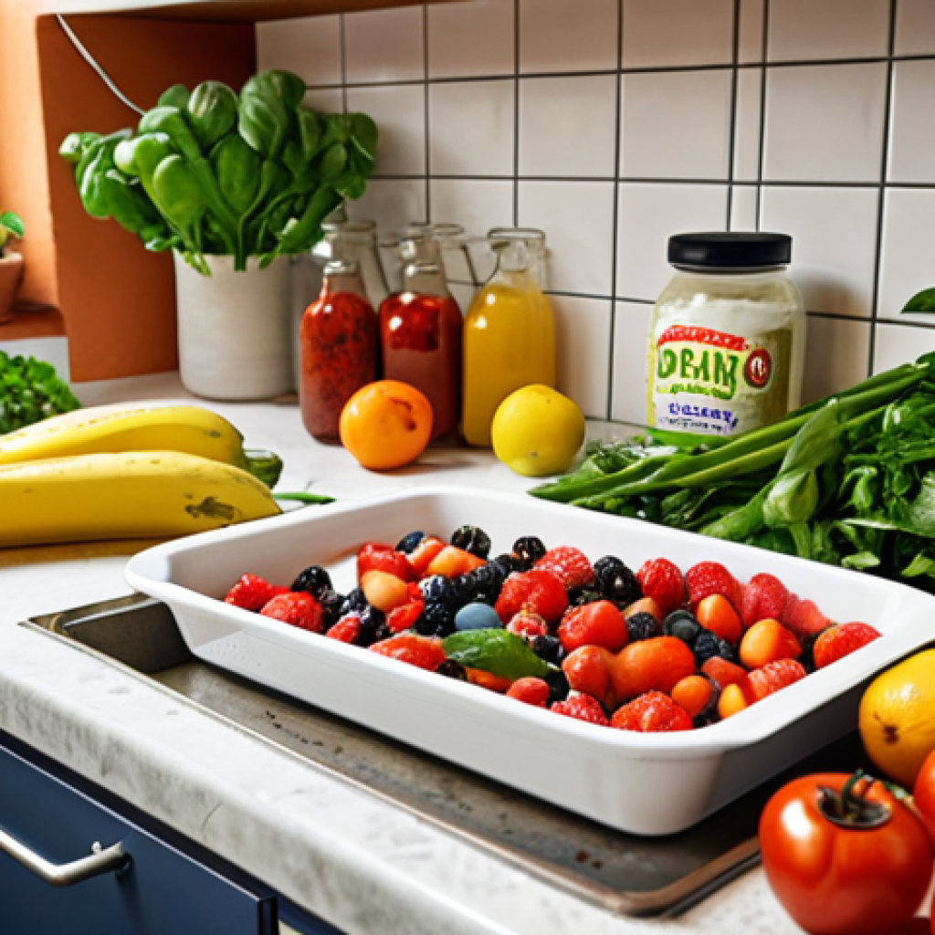 **A colorful and vibrant vegan meal preparation scene in an Italian kitchen, showcasing fresh fruits, vegetables, and herbs being thoroughly washed and prepared. Emphasis on cleanliness, with a focus on proper washing techniques. Include a bottle of white vinegar and a container of baking soda nearby.**