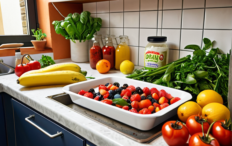 **A colorful and vibrant vegan meal preparation scene in an Italian kitchen, showcasing fresh fruits, vegetables, and herbs being thoroughly washed and prepared.  Emphasis on cleanliness, with a focus on proper washing techniques.  Include a bottle of white vinegar and a container of baking soda nearby.**