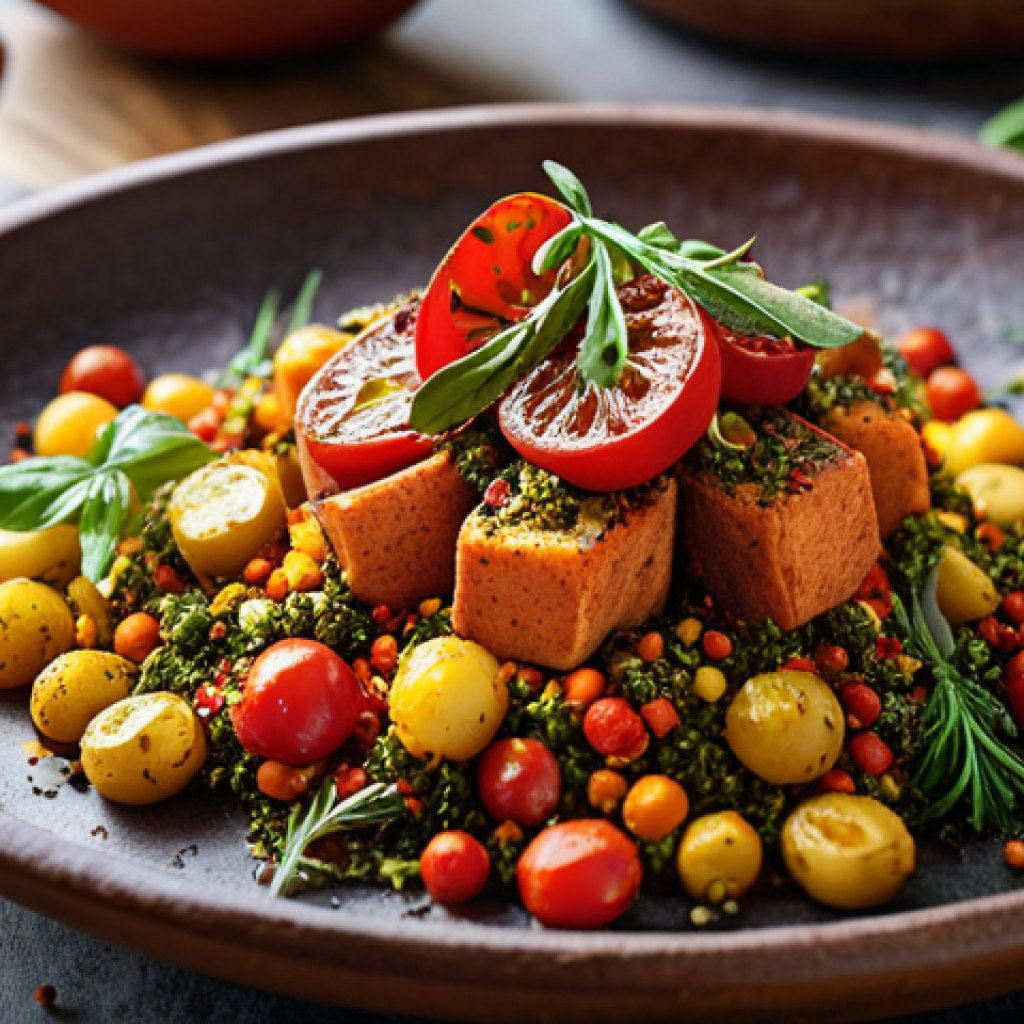 A vibrant, colorful vegan dish seasoned with fresh herbs and spices. The focus is on the visual appeal of the dish, highlighting the natural colors and textures of the ingredients, emphasizing a sense of freshness and culinary artistry.