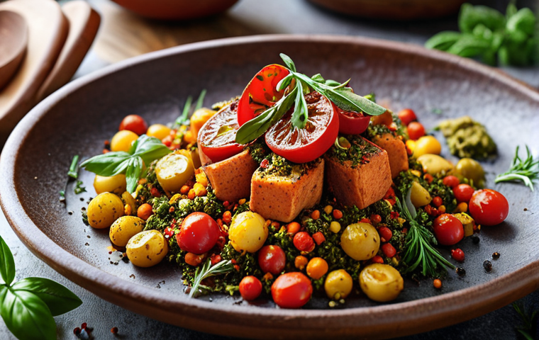 A vibrant, colorful vegan dish seasoned with fresh herbs and spices. The focus is on the visual appeal of the dish, highlighting the natural colors and textures of the ingredients, emphasizing a sense of freshness and culinary artistry.