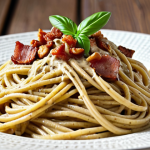 **

A vibrant, close-up shot of a vegan "carbonara." Focus on the creamy texture of the cashew-based sauce, the strands of buckwheat spaghetti, and the smoky seitan bacon. High detail, appetizing lighting. Keywords: Vegan carbonara, Italian food, plant-based, close-up, delicious.

**