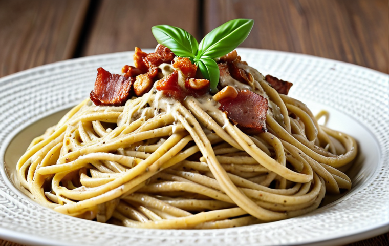 **

A vibrant, close-up shot of a vegan "carbonara." Focus on the creamy texture of the cashew-based sauce, the strands of buckwheat spaghetti, and the smoky seitan bacon. High detail, appetizing lighting. Keywords: Vegan carbonara, Italian food, plant-based, close-up, delicious.

**