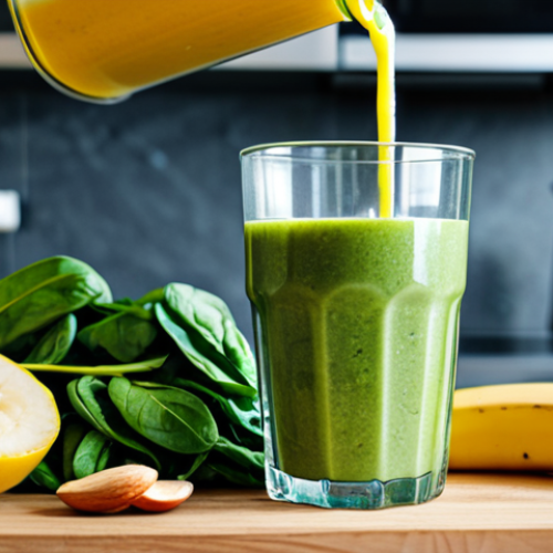 Home 25 **
A vibrant and colorful fruit and vegetable smoothie being poured into a glass. In the background, a bright, modern kitchen with various fresh ingredients like spinach, bananas, and almond milk are displayed. Focus on healthy eating and detox concepts. safe for work, appropriate content, fully clothed (no people present in image), professional, high-quality photograph.
**
