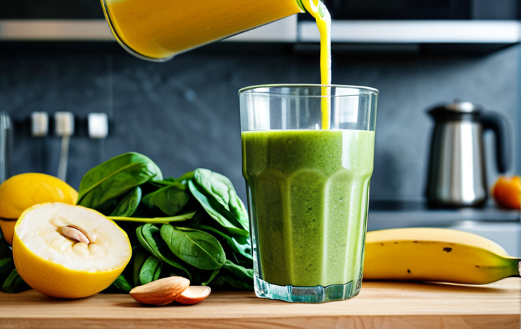 **
A vibrant and colorful fruit and vegetable smoothie being poured into a glass. In the background, a bright, modern kitchen with various fresh ingredients like spinach, bananas, and almond milk are displayed. Focus on healthy eating and detox concepts. safe for work, appropriate content, fully clothed (no people present in image), professional, high-quality photograph.
**