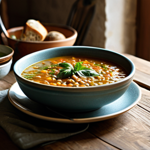 Home 12 Lentil Soup in a Rustic Italian Kitchen**
"A bowl of hearty lentil soup with fresh herbs, sitting on a wooden table in a rustic Italian kitchen, sunlight streaming through the window, fully clothed, appropriate attire, safe for work, perfect anatomy, natural proportions, professional food photography, high quality, family-friendly, modest"
**