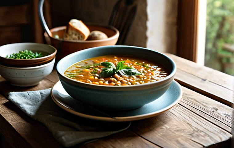 Lentil Soup in a Rustic Italian Kitchen**
"A bowl of hearty lentil soup with fresh herbs, sitting on a wooden table in a rustic Italian kitchen, sunlight streaming through the window, fully clothed, appropriate attire, safe for work, perfect anatomy, natural proportions, professional food photography, high quality, family-friendly, modest"
**
