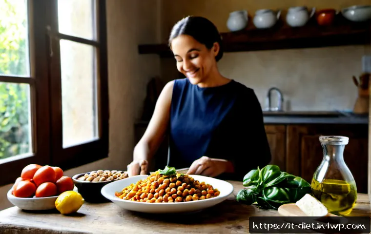 Home 14 비건 식단이 필요한 이유 - Photorealistic Italian kitchen scene, a Mediterranean vegan meal arranged clearly on a rustic wooden...