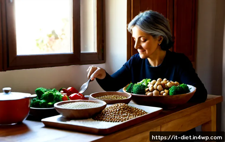 Home 15 비건 식단을 위한 영양소 부족 문제 해결 방법 - Photorealistic Italian home kitchen scene, a middle-aged woman preparing a balanced vegan meal with ...