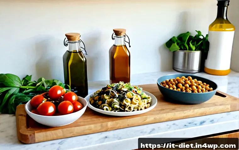 Home 16 비건 식사 준비를 위한 팁과 트릭 - Photorealistic Italian home kitchen meal-prep scene, neatly arranged glass containers filled with co...