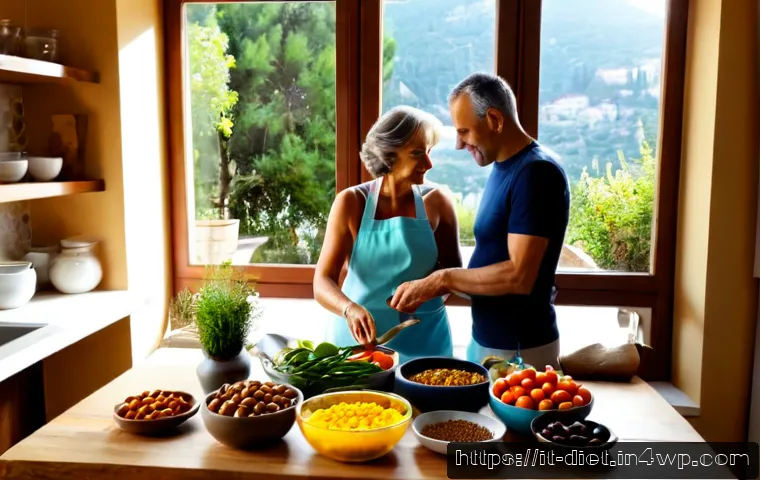 비건 식단의 장기적인 건강 이점 - Photorealistic Mediterranean vegan meal preparation in a bright Italian home kitchen, a mature Itali...